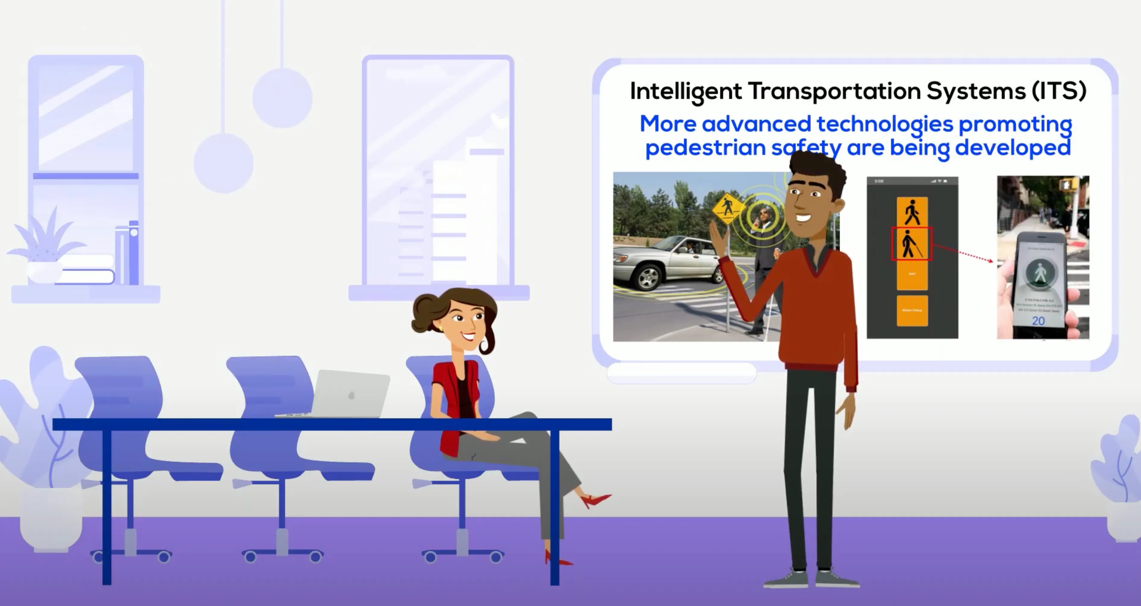 Clip from video of a student sitting at a desk looking up at a teacher with a presentation slide behind them that reads: "Intelligent Transportation Systems (ITS)
More advanced technologies promoting pedestrian safety are being developed."
