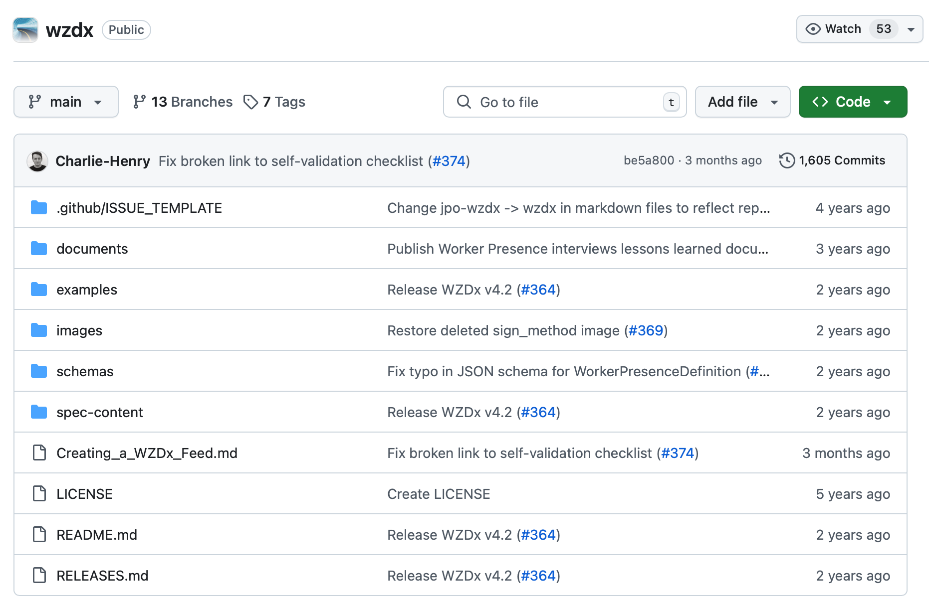 Screenshot of the wzdx repository on GitHub.